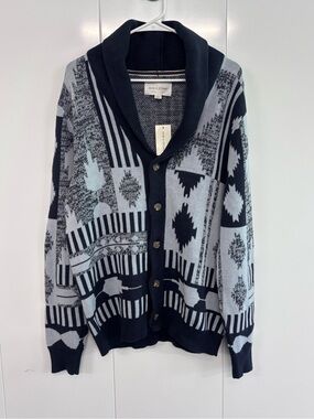Sun+Stone Mens M Navy Blue Geometric Pattern Shawl Collar Cardigan Sweater NWT